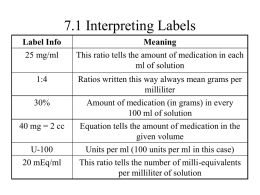 7.1 Interpreting Labels Label Info 25 mg/ml  Meaning This ratio tells the amount of medication in each ml of solution  1:4  Ratios written this way always mean.