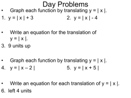 Day Problems  • Graph each function by translating y = | x |. 1.