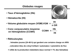 Globules rouges • Taux d’hémoglobine (Hb)  • Hématocrite (Ht) • Volume globulaire moyen (VGM) VGM = • Conc corpusculaire moyenne en hémoglobine (CCMH)  CCMH =  Ht n GR Hb Ht  •