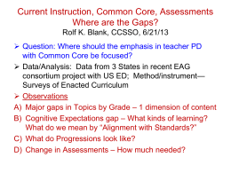 Current Instruction, Common Core, Assessments Where are the Gaps? Rolf K. Blank, CCSSO, 6/21/13  Question: Where should the emphasis in teacher PD with.