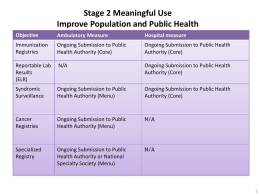 Stage 2 Meaningful Use Improve Population and Public Health Objective  Ambulatory Measure  Hospital measure  Immunization Registries  Ongoing Submission to Public Health Authority (Core)  Ongoing Submission to Public Health Authority (Core)  Reportable.