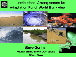 Institutional Arrangements for Adaptation Fund: World Bank view  Deserts  Oceans  Disasters  Coastal  Biotic resources  Agriculture  Steve Gorman Global Environment Operations World Bank  Health.