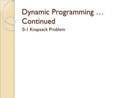Dynamic Programming … Continued 0-1 Knapsack Problem Last Class   Longest Common Subsequence (LCS)  ◦ Assigned problem – Find the LCS between “HUMAN” and “CHIMPANZEE”  Fill.