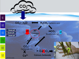 CO2  CO2+ H2O Ocean pH  H2CO3 Carbonic acid H+  pH  Ocean pH  Hydrogen ion  Ocean pH  HCO3-  pH  Bicarbonate ion  + CO32Carbonate ion  X+ Ca2+ (pH not to scale)  = CaCO X 3 Calcium Carbonate  ?