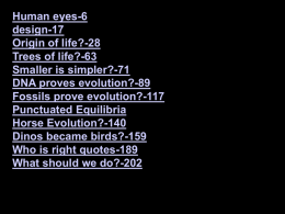 Human eyes-6 design-17 Origin of life?-28 Trees of life?-63 Smaller is simpler?-71 DNA proves evolution?-89 Fossils prove evolution?-117 Punctuated Equilibria Horse Evolution?-140 Dinos became birds?-159 Who is right quotes-189 What should.