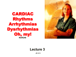 CARDIAC Rhythms Arrhythmias Dysrhythmias Oh, my! NUR240  Lecture 3 JB 9/10 Arrhythmia ARRHYTHMIA – VARIATION IN NORMAL RHYTHM  DYSRHYTHMIA – ABNORMAL, DISTURBED RHYTHM RESULTS FROM IMPULSE FORMATION DISTURBANCE OR CONDUCTION DISTURBANCE.