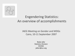 Engendering Statistics: An overview of accomplishments IAEG Meeting on Gender and MDGs Cairo, 10-11 September 2007 Neda Jafar Statistics Division ESCWA jafarn@un.org.