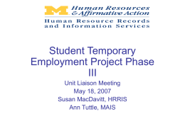 Student Temporary Employment Project Phase III Unit Liaison Meeting May 18, 2007 Susan MacDavitt, HRRIS Ann Tuttle, MAIS.