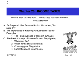 Chapter 20. INCOME TAXES How the basic tax laws work… How to Keep Yours at a Minimum… How Audits Work  A.