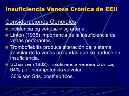 Insuficiencia Venosa Crónica de EEII  Consideraciones Generales Incidencia pg venosa > pg arterial. Linton (1938) importancia de la insuficiencia de venas perforantes. Tromboflebitis produce alteración.