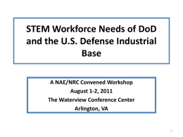 STEM Workforce Needs of DoD and the U.S. Defense Industrial Base A NAE/NRC Convened Workshop August 1-2, 2011 The Waterview Conference Center Arlington, VA.