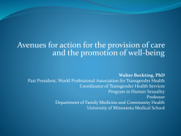 Avenues for action for the provision of care and the promotion of well-being Walter Bockting, PhD Past President, World Professional Association for Transgender.