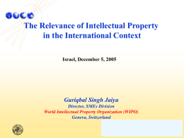 The Relevance of Intellectual Property in the International Context Israel, December 5, 2005  Guriqbal Singh Jaiya Director, SMEs Division World Intellectual Property Organization (WIPO) Geneva, Switzerland.