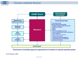Volunteer Leadership Structure  SHRM® Board  Membership Advisory Council  Governance Committee*  Special Expertise Panels  Regional Councils  Members State Councils  Local Chapters  • Corporate Social Responsibility/Sustainability • Employee Health, Safety & Security • Employee Relations • Ethics • Global • HR Consulting/Outsourcing •