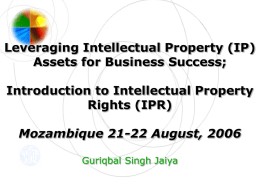 Leveraging Intellectual Property (IP) Assets for Business Success; Introduction to Intellectual Property Rights (IPR) Mozambique 21-22 August, 2006 Guriqbal Singh Jaiya.