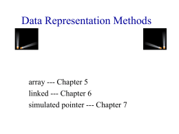 Data Representation Methods  array --- Chapter 5 linked --- Chapter 6 simulated pointer --- Chapter 7