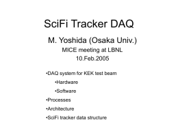 SciFi Tracker DAQ M. Yoshida (Osaka Univ.) MICE meeting at LBNL 10.Feb.2005 •DAQ system for KEK test beam •Hardware •Software •Processes •Architecture •SciFi tracker data structure.