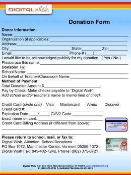 Donation Form Donor Information: Name: _____________________________________________________ Organization (if applicable): ____________________________________ Address:___________________________________________________ City:____________________________ State:_________ Zip:_________ Email:__________________________ Phone # (___)_______________ I would like to be acknowledged publicly for my.