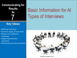 Communicating for Results 9e  Basic Information for Al Types of Interviews  Key Ideas &bull;Defining interviews &bull;Common types of interviews &bull;Phases of an effective interview &bull;Organizing interview questions &bull;Answering interview questions  Copyright Cengage &copy;