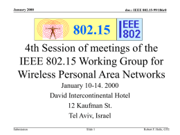 January 2000  doc.: IEEE 802.15-99/186r0  802.15 4th Session of meetings of the IEEE 802.15 Working Group for Wireless Personal Area Networks January 10-14.