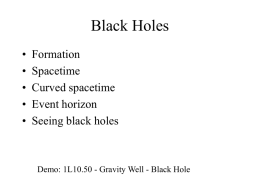Black Holes • • • • •  Formation Spacetime Curved spacetime Event horizon Seeing black holes  Demo: 1L10.50 - Gravity Well - Black Hole.