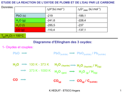ETUDE DE LA REACTION DE L’OXYDE DE PLOMB ET DE L’EAU PAR LE CARBONE Données:  DfH°(kJ.mol-1)  DfG°298K (kJ.mol-1)  PbO (s)  -219  -189,1  H2O (g)  -241,6  -228,4  H2O (l)  -285,5  -237  CO (g)  -110,4  -137,1  Téb(H2O) =