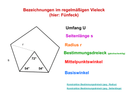 Bezeichnungen im regelm&auml;&szlig;igen Vieleck (hier: F&uuml;nfeck) Umfang U Seitenl&auml;nge s r  Radius r Bestimmungsdreieck (gleichschenklig) 72&deg;  s 54&deg;  Mittelpunktswinkel 54&deg;  Basiswinkel Konstruktion Bestimmungsdreieck (geg.: Radius) Konstruktion Bestimmungsdreieck (geg.: Seitenl&auml;nge)
