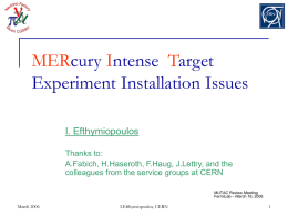 MERcury Intense Target Experiment Installation Issues I. Efthymiopoulos Thanks to: A.Fabich, H.Haseroth, F.Haug, J.Lettry, and the colleagues from the service groups at CERN MUTAC Review Meeting FermiLab.