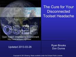 The Cure for Your Disconnected Toolset Headache  http://www.eclipse.org/osee/  Updated 2013-03-26  Ryan Brooks Don Dunne  Copyright © 2013 Boeing.