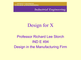 Design for X Professor Richard Lee Storch IND E 494 Design in the Manufacturing Firm.