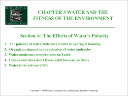 CHAPTER 3 WATER AND THE FITNESS OF THE ENVIRONMENT Section A: The Effects of Water’s Polarity 1. 2. 3. 4. 5.  The polarity of water molecules results in.