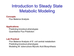 Introduction to Steady State Metabolic Modeling Concepts Flux Balance Analysis  Applications Predicting knockout phenotypes Quantitative Flux Prediction  Lab Practical Flux Balance Analysis of E.