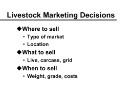 Livestock Marketing Decisions Where to sell • Type of market • Location  What to sell • Live, carcass, grid  When to sell • Weight, grade, costs.