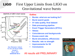 First Upper Limits from LIGO on Gravitational wave bursts  Alan Weinstein, Caltech For the LSC Burst ULWG Amaldi 5, May 6, 2003 G030340-00-Z  Outline:  Bursts: what are.