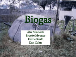 Biogas Alix Simnock Brooke Myones Carrie Senft Dan Cohn What is Biogas? • Clean, efficient source of renewable energy (1) • Made from organic waste • Produces methane • Anaerobic.