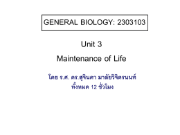 GENERAL BIOLOGY: 2303103  Unit 3 Maintenance of Life โดย ร.ศ. ดร.สุจนิ ดา มาลัยวิจติ รนนท์ ทัง้ หมด 12 ชั่วโมง.