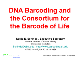 DNA Barcoding and the Consortium for the Barcode of Life David E. Schindel, Executive Secretary National Museum of Natural History Smithsonian Institution  SchindelD@si.edu; http://www.barcoding.si.edu 202/633-0812; fax 202/633-2938 Data.