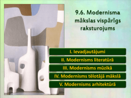 9.6. Modernisma mākslas vispārīgs raksturojums  I. Ievadjautājumi II. Modernisms literatūrā III. Modernisms mūzikā IV. Modernisms tēlotājā mākslā V.