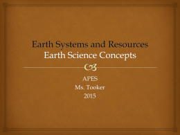 APES Ms. Tooker Earth Science Concepts   Geologic time scale  Plate tectonics  Earthquakes  Volcanism  Seasons  Solar intensity  Latitude/longitude.