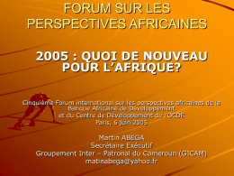 FORUM SUR LES PERSPECTIVES AFRICAINES 2005 : QUOI DE NOUVEAU POUR L’AFRIQUE? Cinquième Forum international sur les perspectives africaines de la Banque Africaine de Développement et.