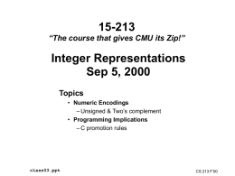 15-213 “The course that gives CMU its Zip!”  Integer Representations Sep 5, 2000 Topics • Numeric Encodings – Unsigned & Two’s complement • Programming Implications – C promotion.