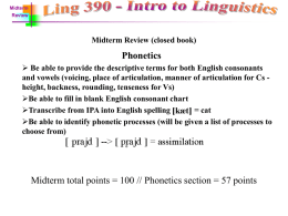 Midterm Review  Midterm Review (closed book)  Phonetics  Be able to provide the descriptive terms for both English consonants and vowels (voicing, place of articulation,