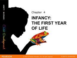 Chapter 4  INFANCY: THE FIRST YEAR OF LIFE  ©©2013 byby Pearson Pearson Education, Education, Inc. Inc. AllAll rights rights reserved. reserved. Learning Objectives Learning Objectives LO 4.1 LO 4.2 LO 4.3  LO 4.4  LO 4.5 LO 4.6  LO 4.7 LO 4.8 LO 4.9  Explain the gains in.
