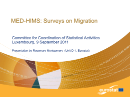 MED-HIMS: Surveys on Migration Committee for Coordination of Statistical Activities Luxembourg, 9 September 2011 Presentation by Rosemary Montgomery (Unit D-1, Eurostat)