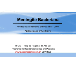 Meningite Bacteriana Rotinas de Atendimento em Pediatria – 2009 Apresentação: Sylvia Freire  HRAS – Hospital Regional da Asa Sul Programa de Residência Médica em.