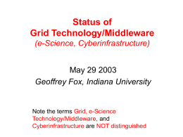 Status of Grid Technology/Middleware (e-Science, Cyberinfrastructure)  May 29 2003 Geoffrey Fox, Indiana University  Note the terms Grid, e-Science Technology/Middleware, and Cyberinfrastructure are NOT distinguished.