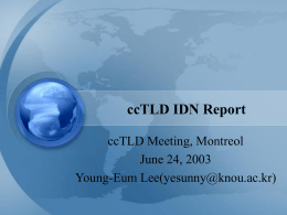 ccTLD IDN Report ccTLD Meeting, Montreol June 24, 2003 Young-Eum Lee(yesunny@knou.ac.kr) IDN Management • Technical Standard – IETF  • Individual Efforts (ccTLDs, Commercial) – CNNIC, JPNIC, KRNIC,