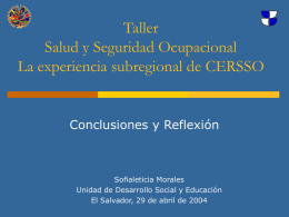 Taller Salud y Seguridad Ocupacional La experiencia subregional de CERSSO  Conclusiones y Reflexión  Sofialeticia Morales Unidad de Desarrollo Social y Educación El Salvador, 29 de abril.