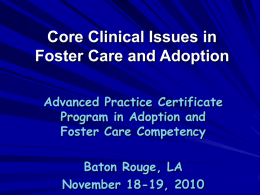 Core Clinical Issues in Foster Care and Adoption Advanced Practice Certificate Program in Adoption and Foster Care Competency Baton Rouge, LA November 18-19, 2010