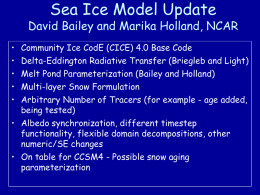 Sea Ice Model Update  David Bailey and Marika Holland, NCAR • Community Ice CodE (CICE) 4.0 Base Code • Delta-Eddington Radiative Transfer (Briegleb.